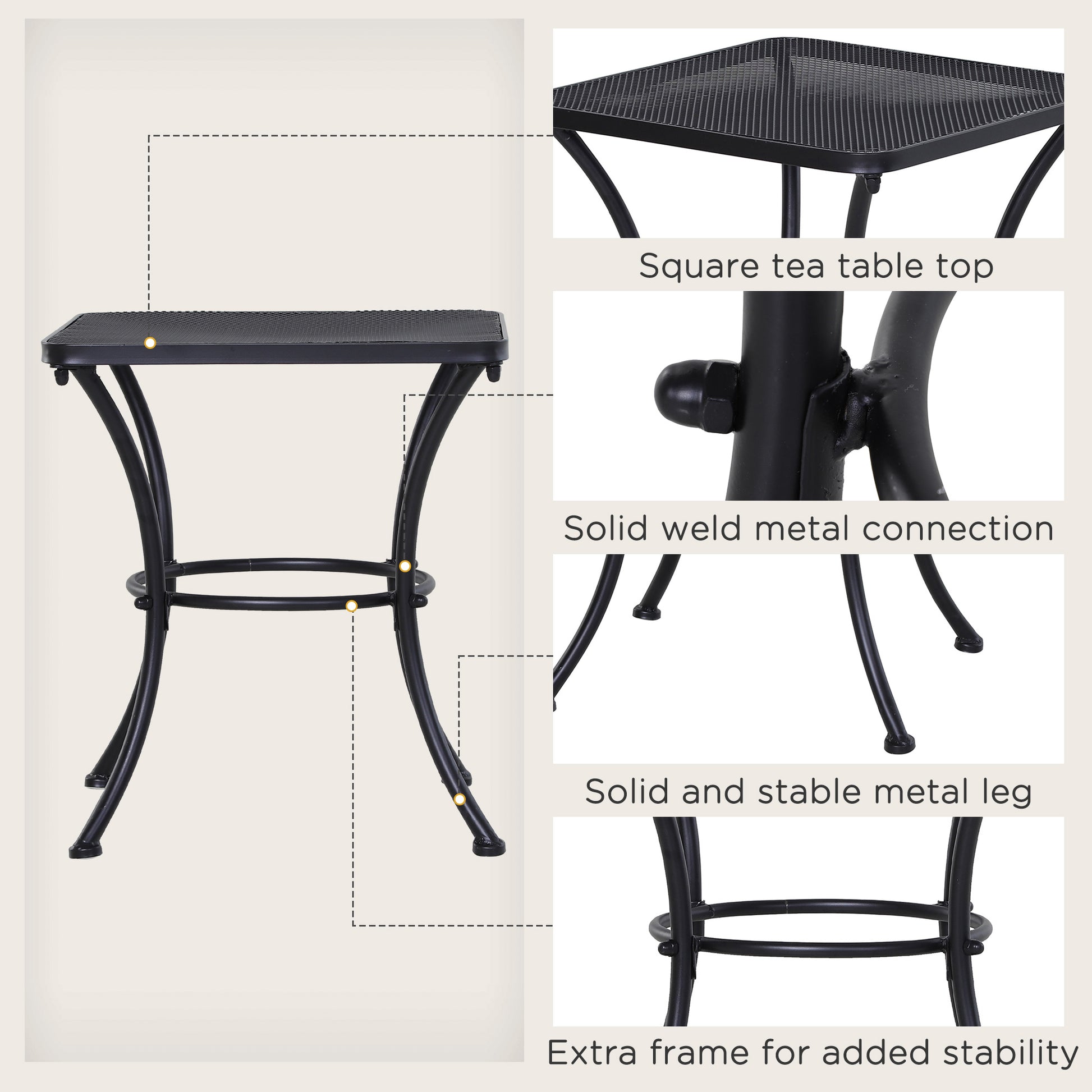 Square Outdoor Side Table, Metal Outdoor Patio Table, Garden Coffee Side Bistro Tables with Mesh Grid Top for Balcony, Porch, Backyard, 17.7" x 17.7" x 19.7", Black
