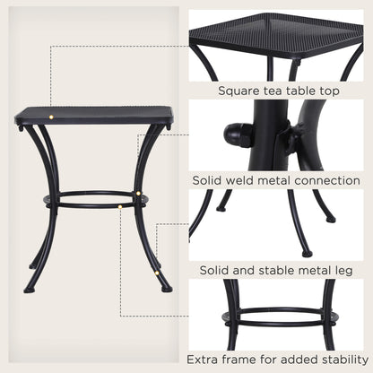 Square Outdoor Side Table, Metal Outdoor Patio Table, Garden Coffee Side Bistro Tables with Mesh Grid Top for Balcony, Porch, Backyard, 17.7" x 17.7" x 19.7", Black