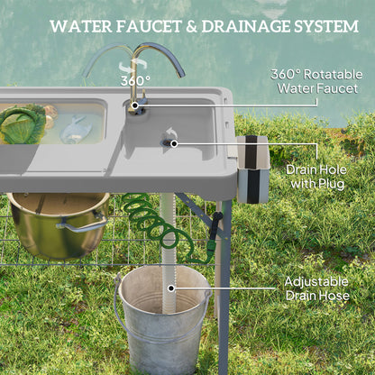 Folding Fish Cleaning Table with Sinks, Camping Sink with Faucet Drainage Hose Sprayer Shelf, Grey
