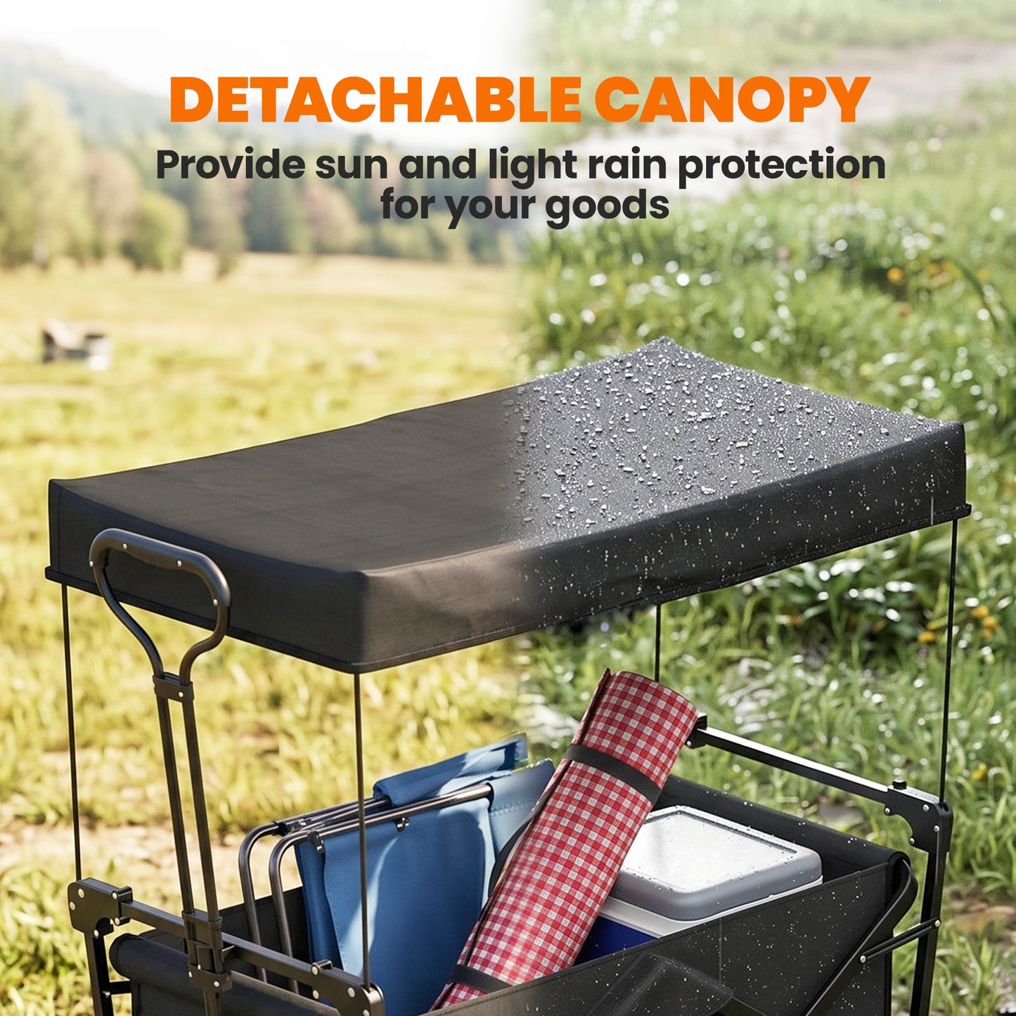 Steel Frame Folding Garden Cart, Collapsible Wagon Cart with Removable Canopy, Telescopic Handle and Carrying Bag