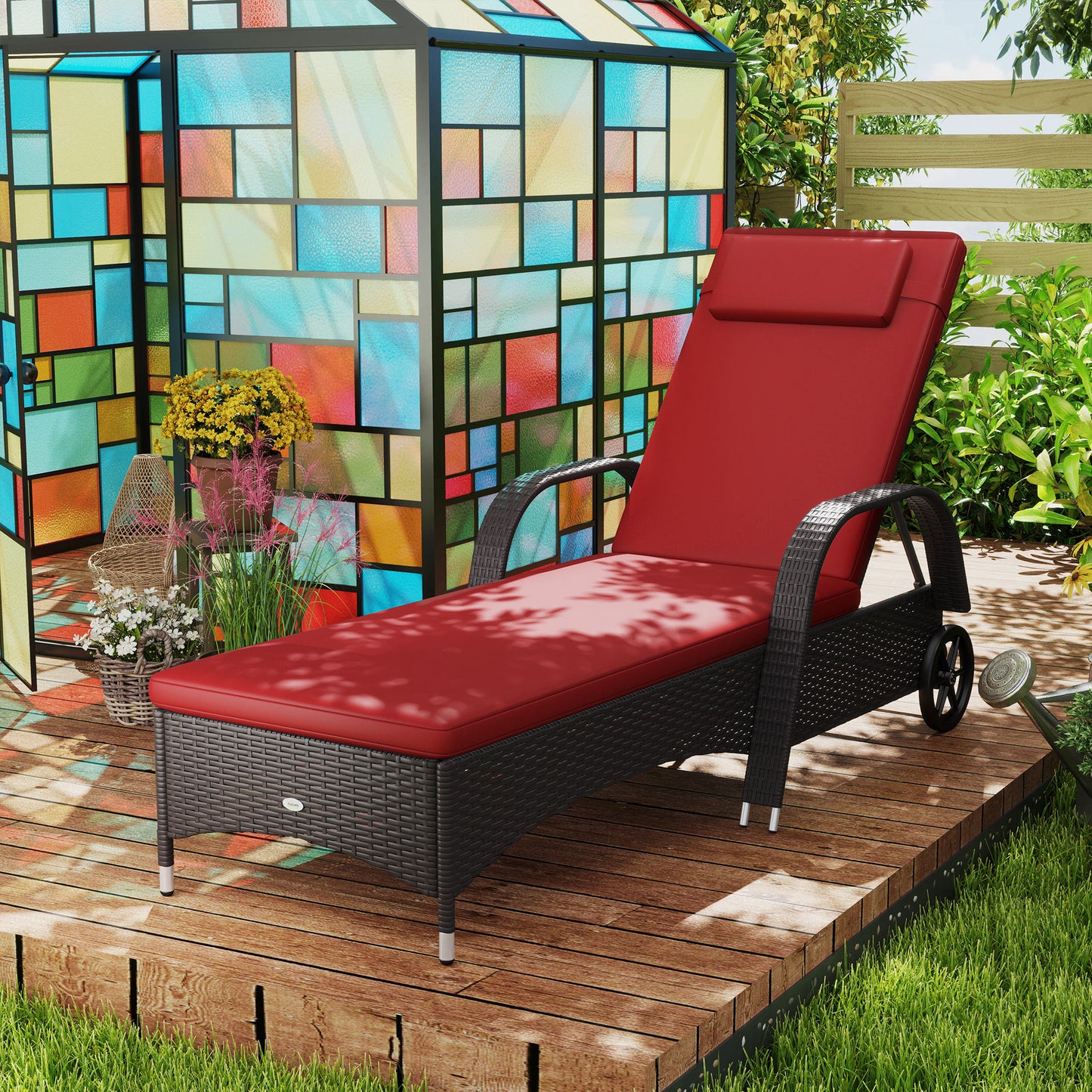 Outdoor Lounger, Deck Lounge Chair with Headrest, 5-Level Adjustable, Backrest, Wheels, Deep Coffee and Wine Red