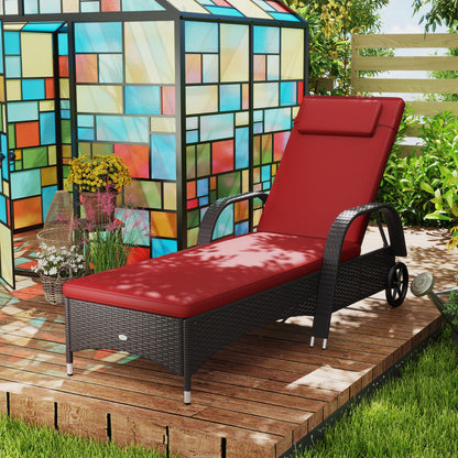 Outdoor Lounger, Deck Lounge Chair with Headrest, 5-Level Adjustable, Backrest, Wheels, Deep Coffee and Wine Red