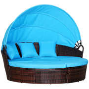 4 Pieces Outdoor Daybed with Retractable Canopy, PE Rattan Wicker Round Sofa Day Bed, Patio Sectional Conversation Furniture Set with Cushions and Pillows, Light Blue