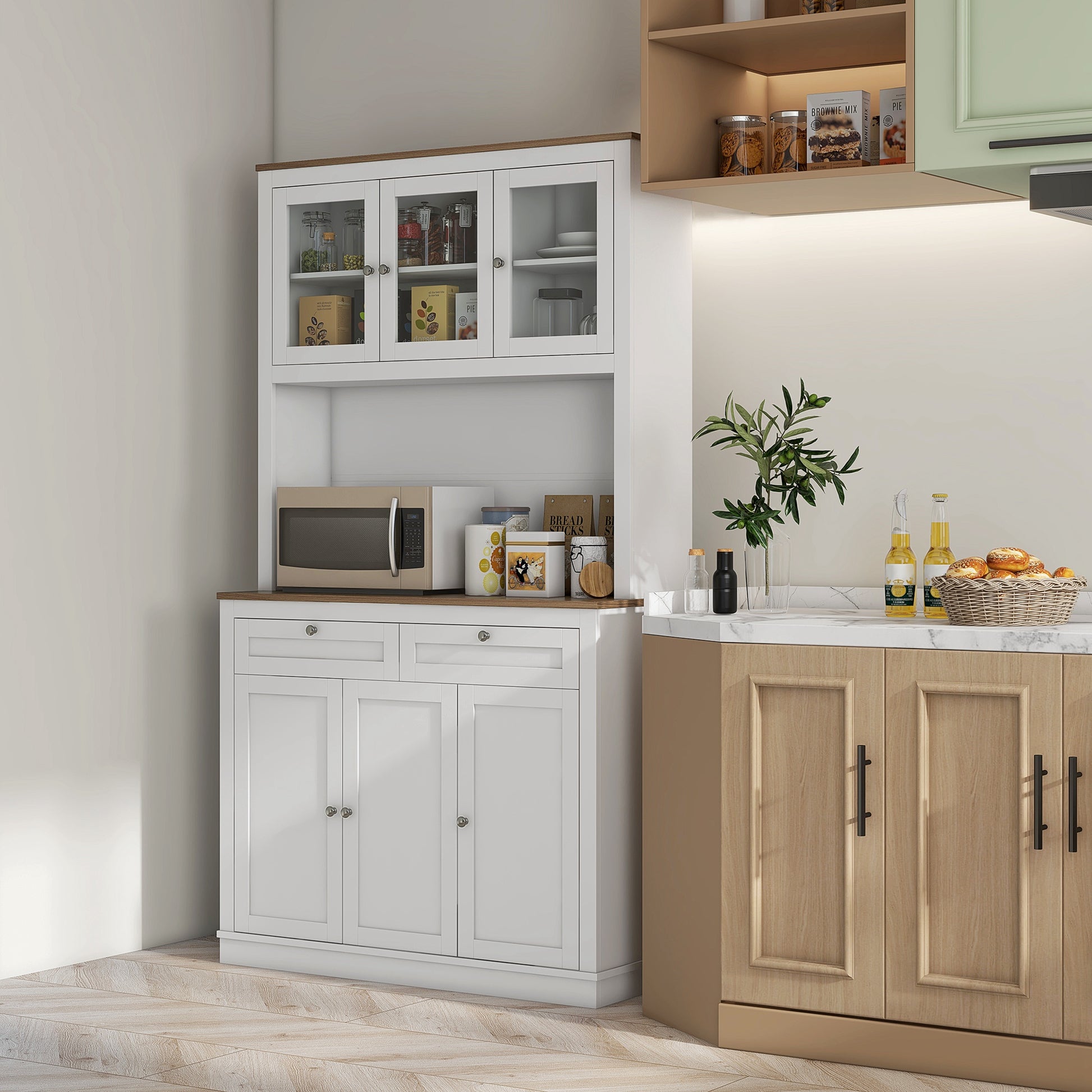 71" Pantry Cabinet with Microwave Space, Buffet with Hutch, 2 Drawers, Adjustable Shelves and Glass Doors, White