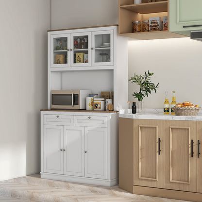 71" Pantry Cabinet with Microwave Space, Buffet with Hutch, 2 Drawers, Adjustable Shelves and Glass Doors, White