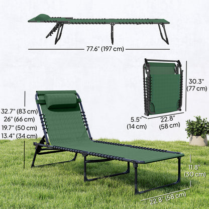 Folding Lounge Chair, Adjustable Chaise Lounge with Headrest, Reclining Lounger Cot for Camping, Hiking, Green