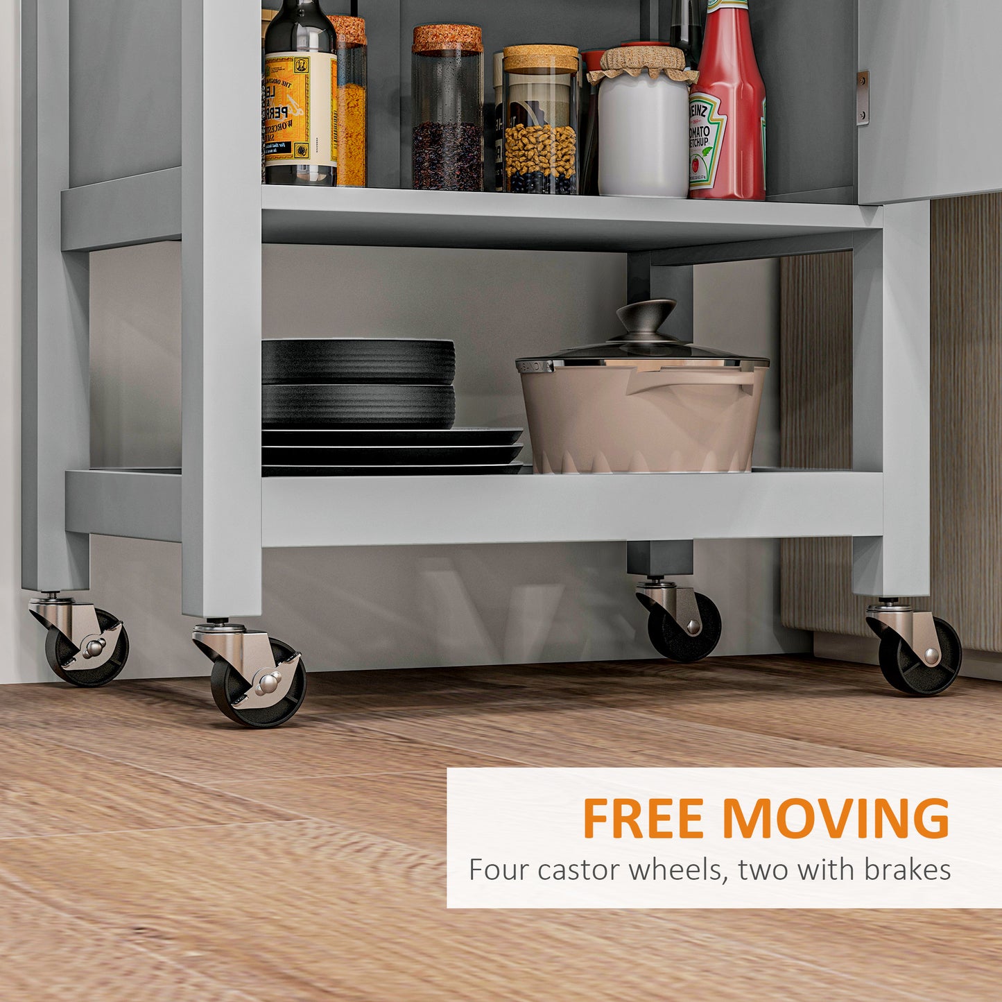 Kitchen Cart on Wheels, Rolling Kitchen Island Cart with Wood Top, Towel Rack, Drawer and Shelf for Dining Area, Grey