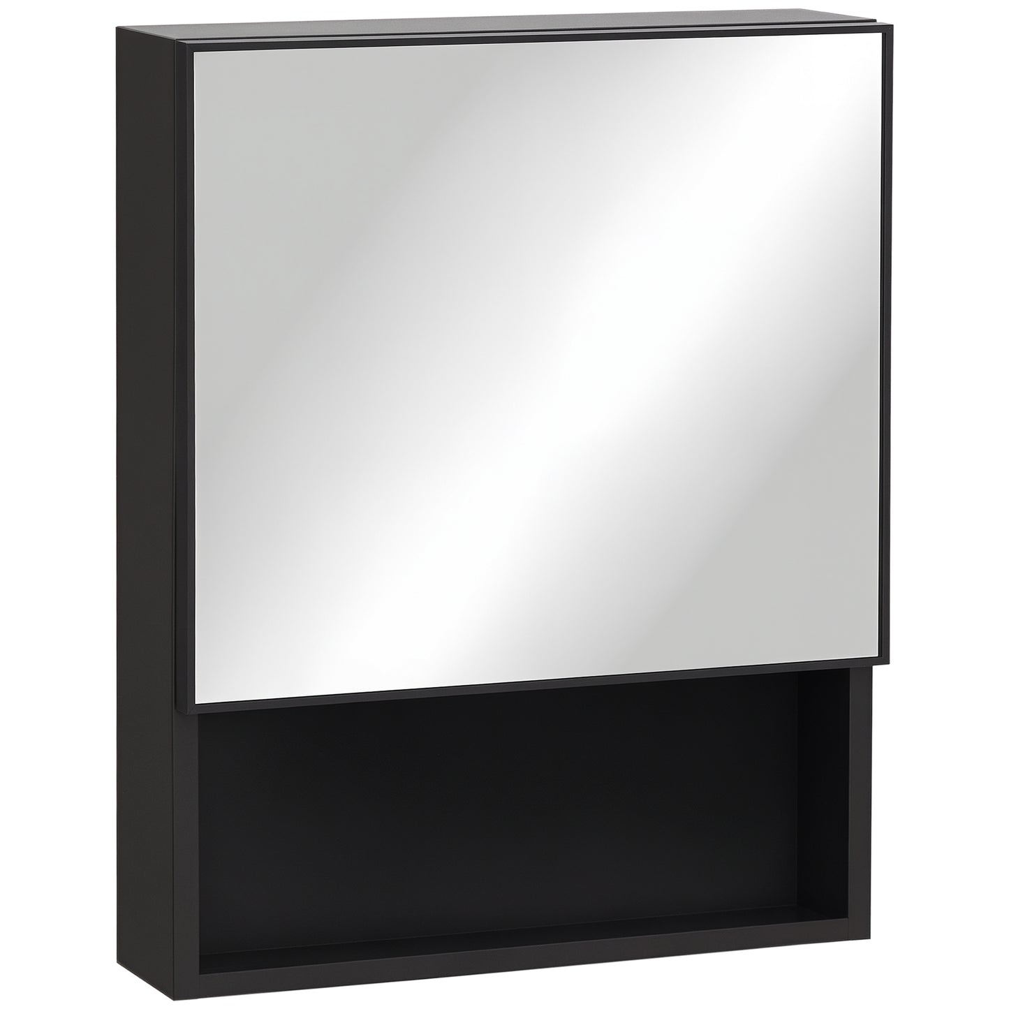 Bathroom Medicine Cabinet, Wall-Mounted Mirror Cabinet with Single Door, Storage Shelves and Stainless Steel Frame for Laundry Room, Black