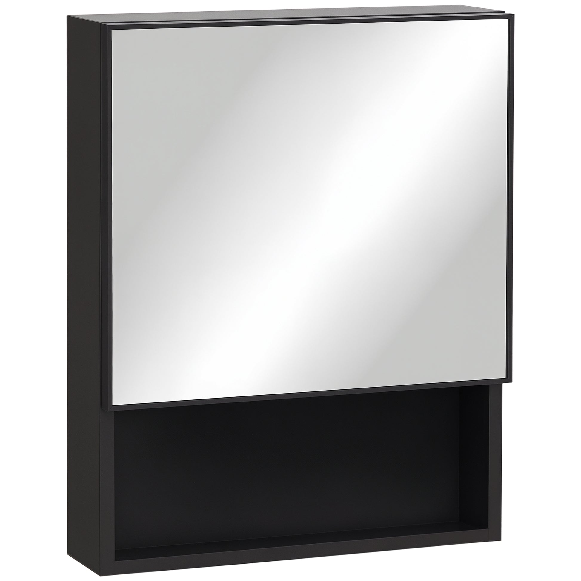 Bathroom Medicine Cabinet, Wall-Mounted Mirror Cabinet with Single Door, Storage Shelves and Stainless Steel Frame for Laundry Room, Black