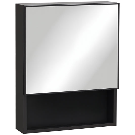 Bathroom Medicine Cabinet, Wall-Mounted Mirror Cabinet with Single Door, Storage Shelves and Stainless Steel Frame for Laundry Room, Black