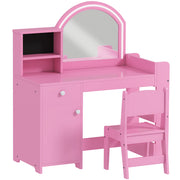 Qaba Kids Vanity Set, Toddler Dressing Table and Chair Set with Lighted Mirror, Cabinet, Drawer and Shelves, Pink