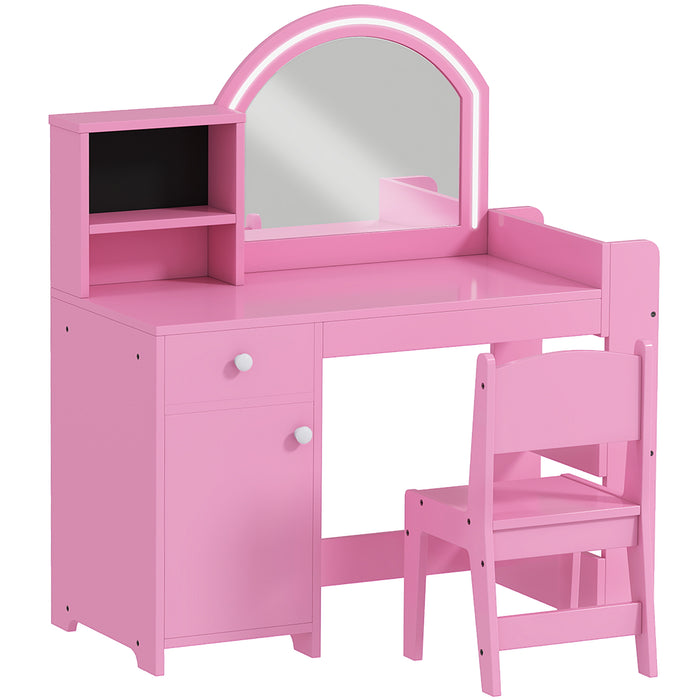 Qaba Kids Vanity Set, Toddler Dressing Table and Chair Set with Lighted Mirror, Cabinet, Drawer and Shelves, Pink