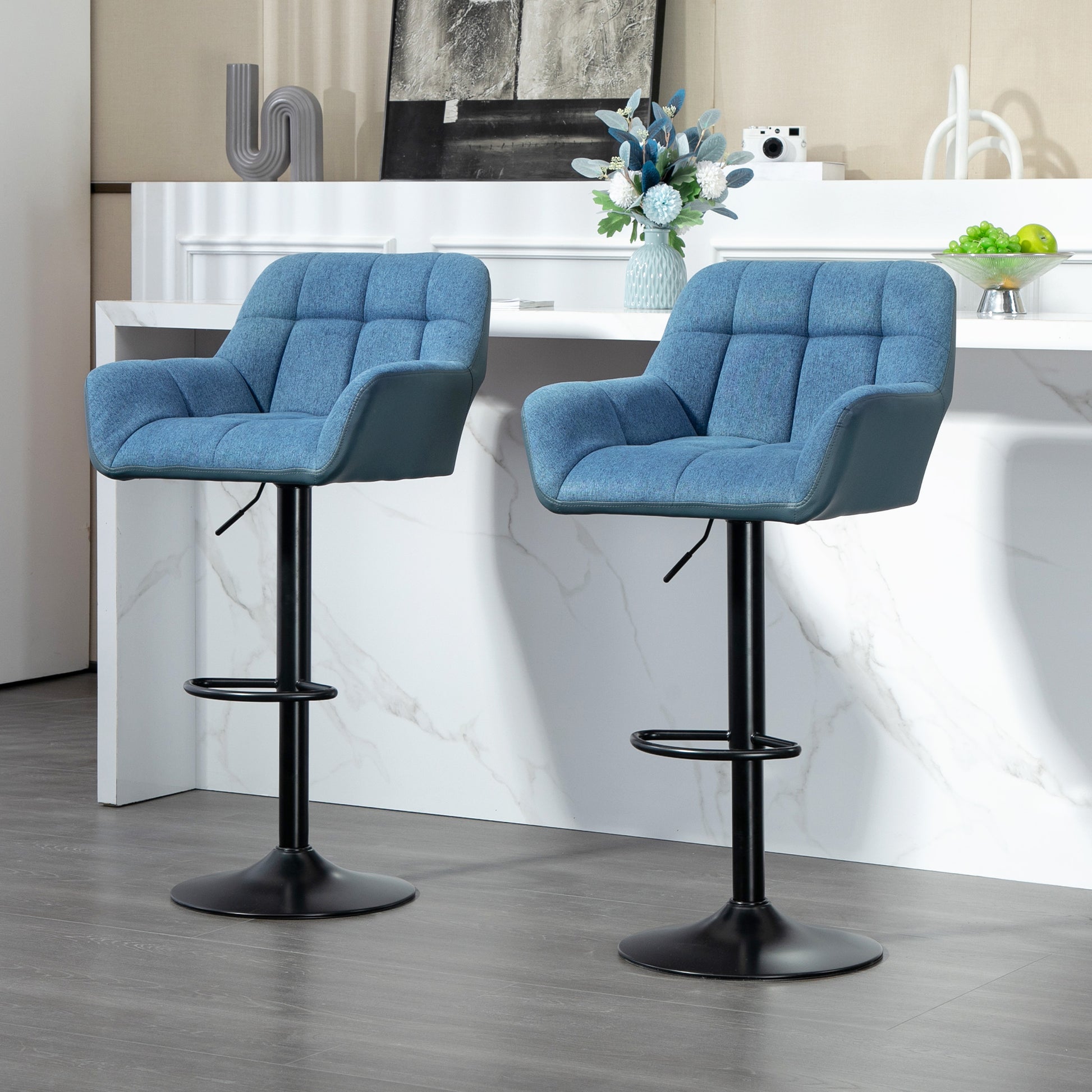 Swivel Barstools Set of 2 Adjustable Bar Stools with Footrest Armrests and PU Leather Back for Dining Room Dark Blue