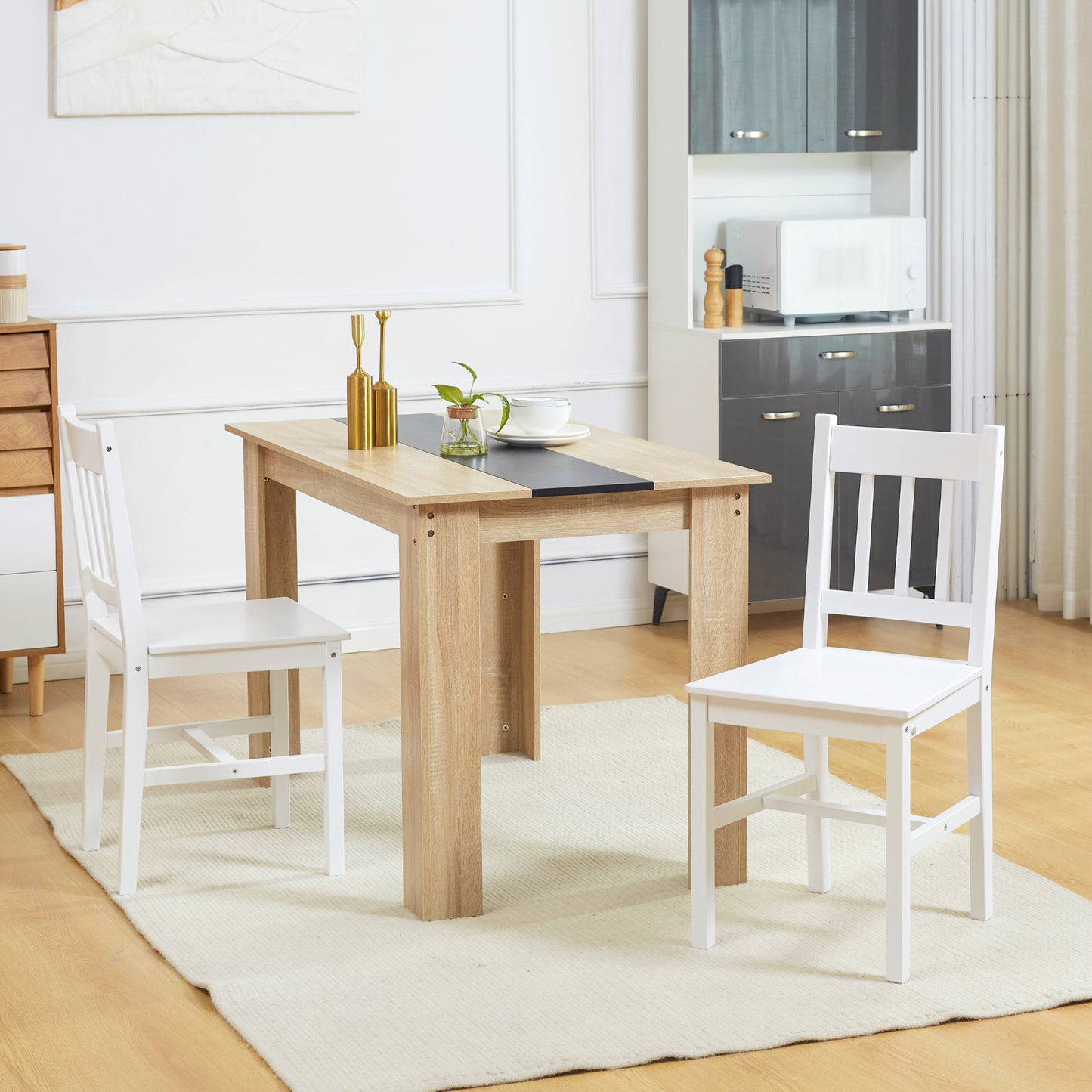 Dining Chairs Set of 2, Kitchen Chair with Slat Back, Pine Wood Structure for Living Room and Dining Room, White