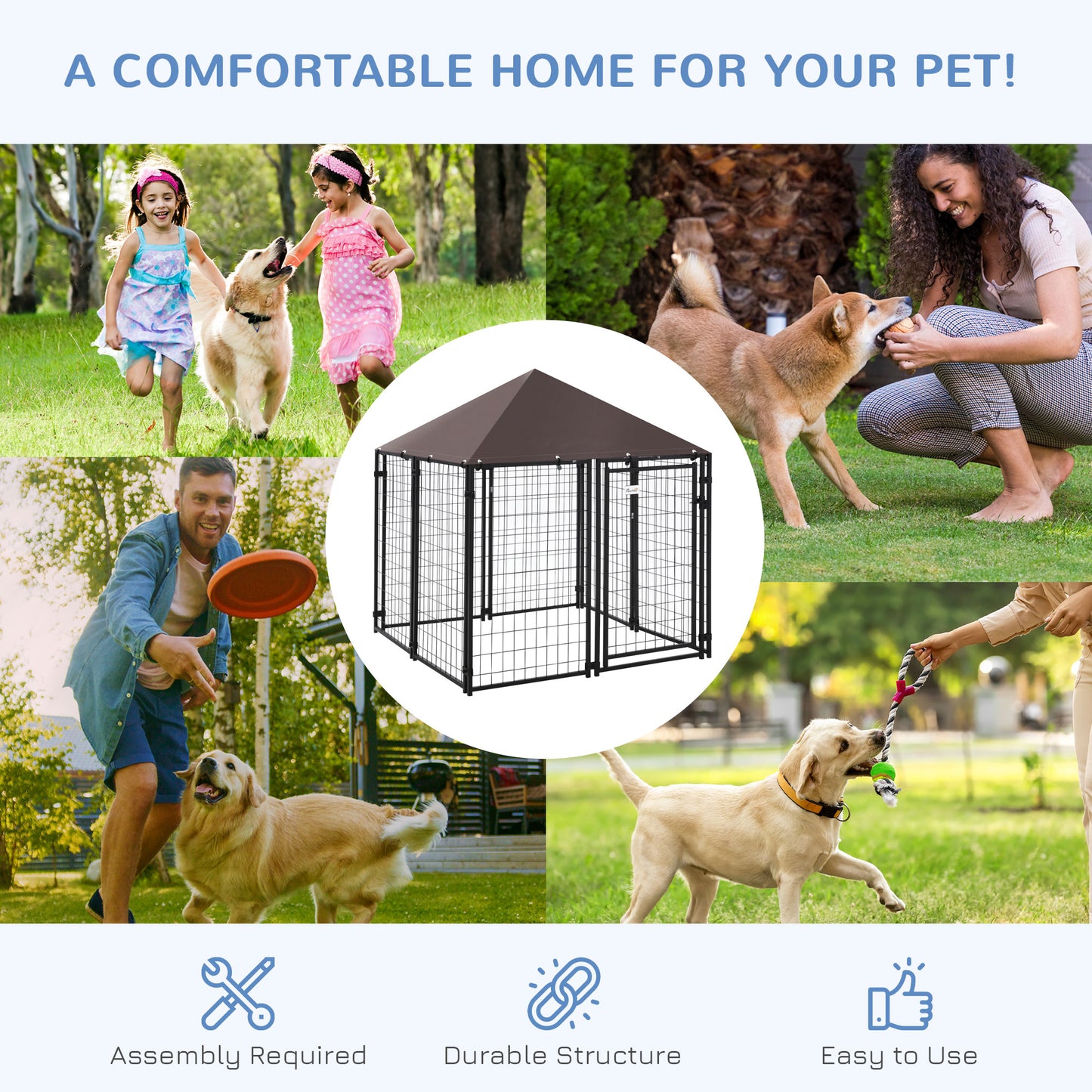 Outdoor Dog Kennel, Welded Wire Steel Fence, Lockable Pet Playpen Crate, with Water-, UV-Resistant Canopy Top, Door, 4.6ft x 4.6ft x 5ft, Black