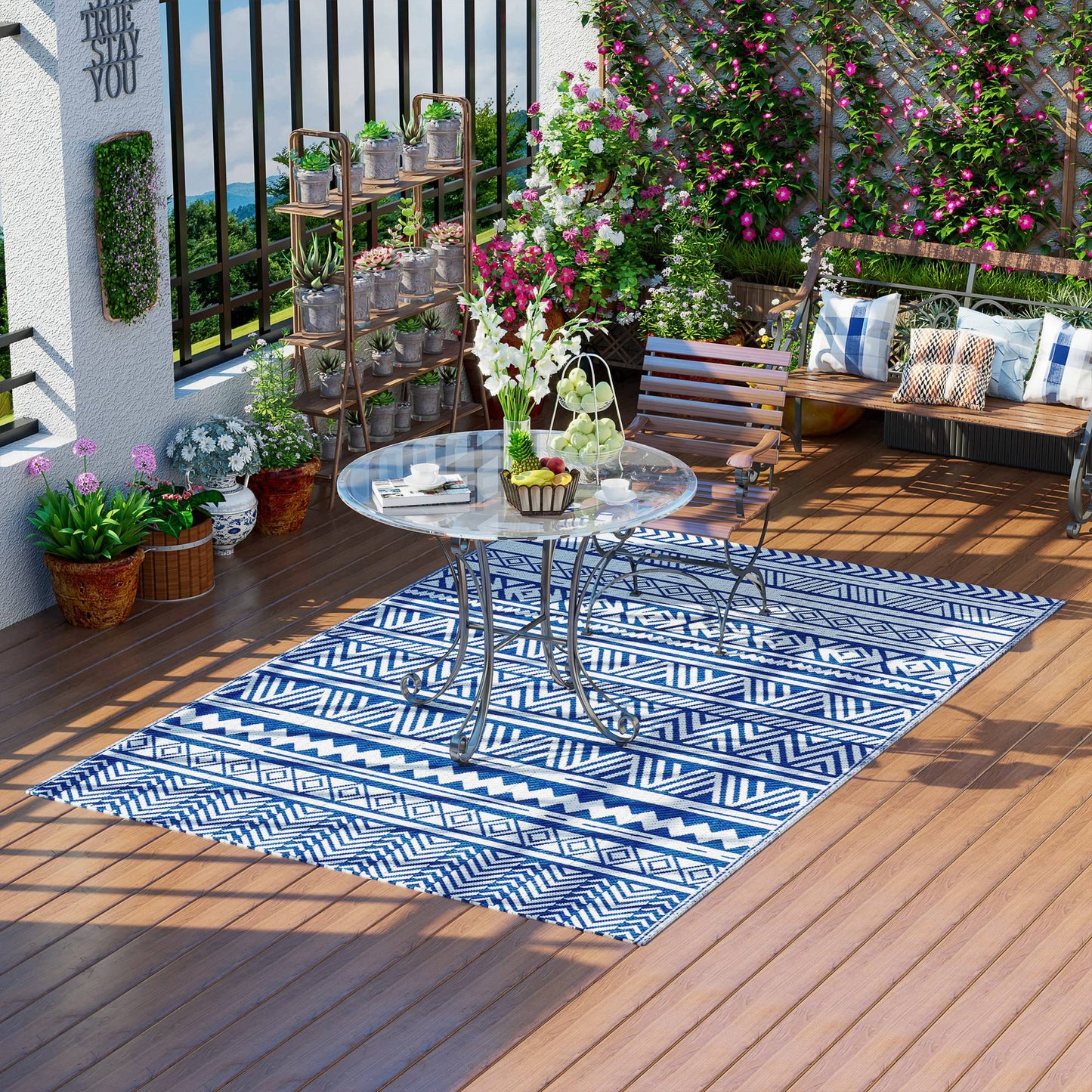 Reversible Outdoor Rug, Patio Floor Mat, 6' x 9' Plastic Rug for Backyard, Deck, Beach, Camping, Dark Blue and White