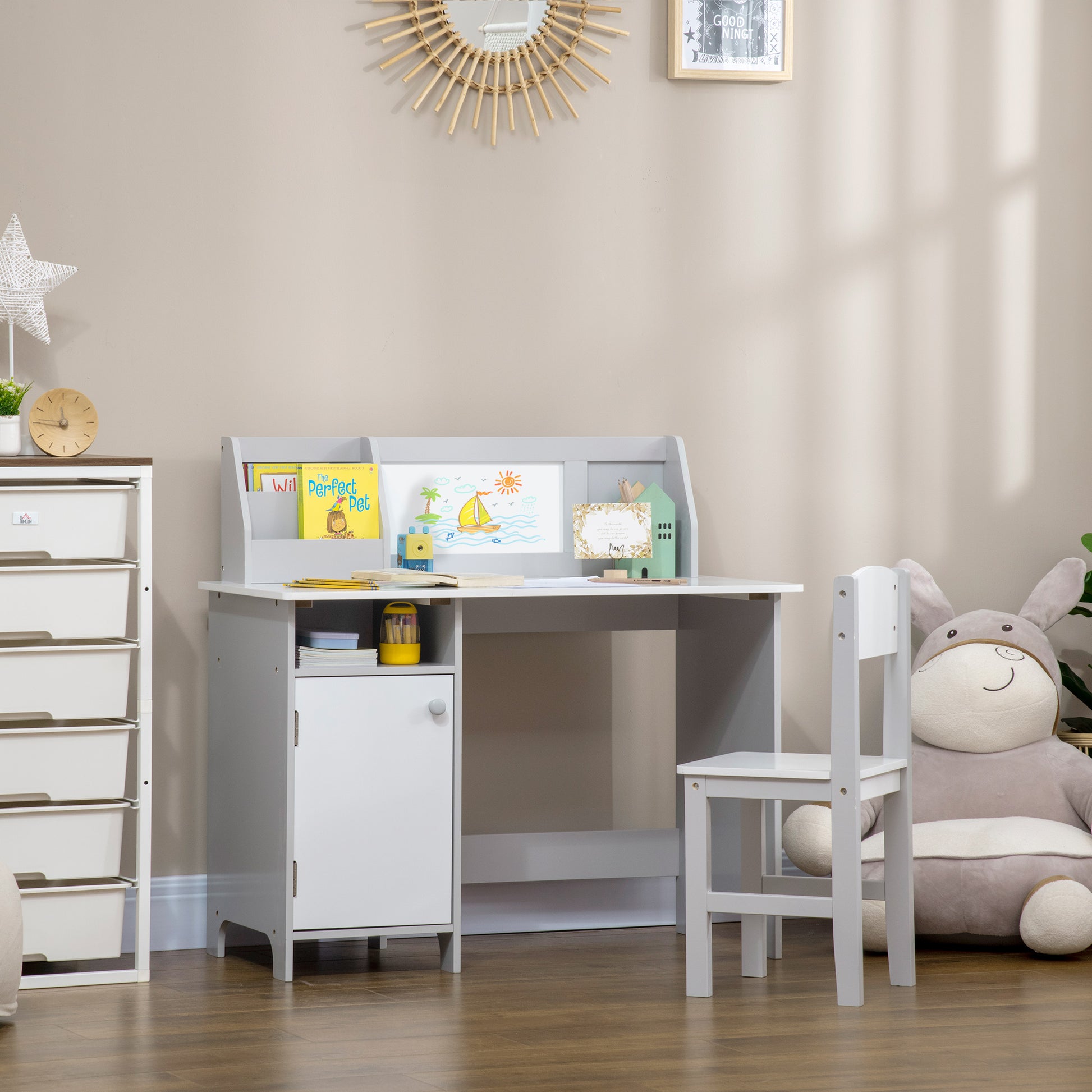 Qaba 2Pcs Kids Desk and Chair Set with Whiteboard, Storage, Shelves, Grey