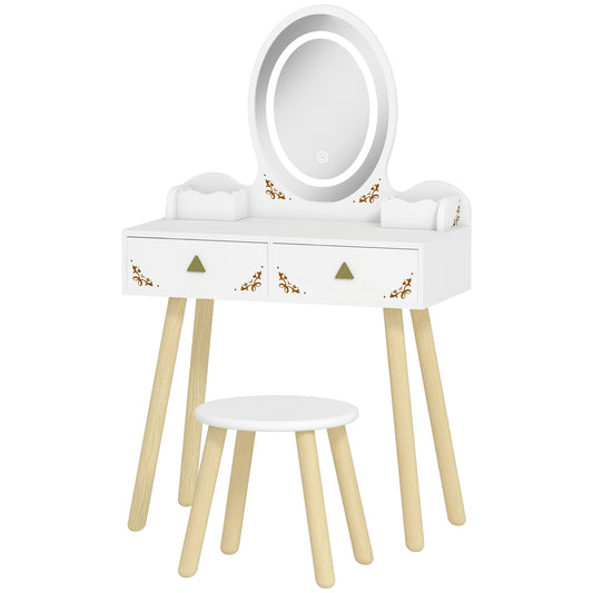 Qaba Kids Vanity Set with Mirror, Stool, 3-Colour LED Lights, Girls Dressing Table Pretend Play for Kids Room, Pink