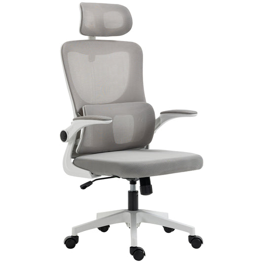 Ergonomic Office Chair, Mesh Computer Desk Chair with Adjustable Headrest, 4D Lumbar Support, Flip-up Arm, Grey