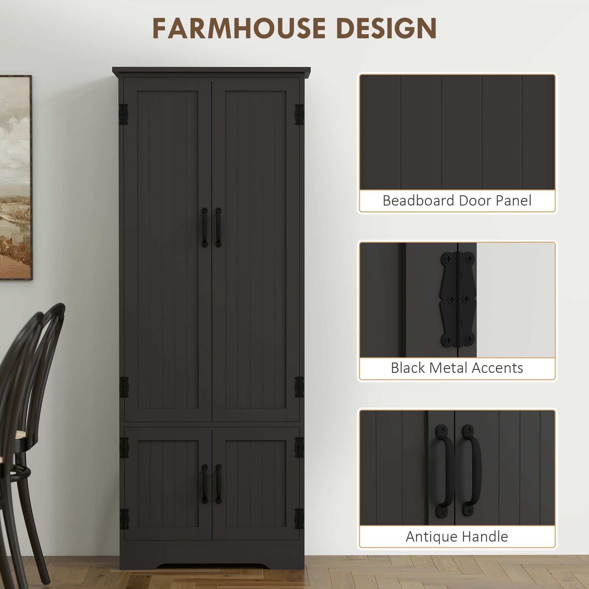 60" 4-Door Storage Cabinet Multi-Storey Large Space Pantry with Adjustable Shelves Black