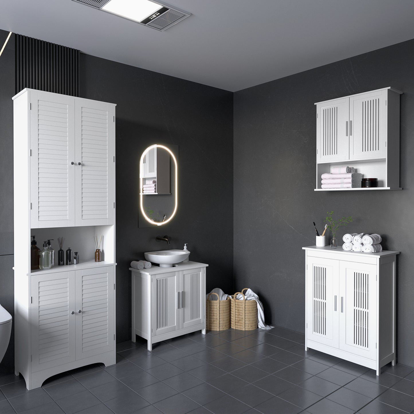 Tall Bathroom Storage Cabinet, Slim Bathroom Cabinet with 4 Shutter Doors and Adjustable Shelves, Toilet Vanity Cabinet, Narrow Organizer, White