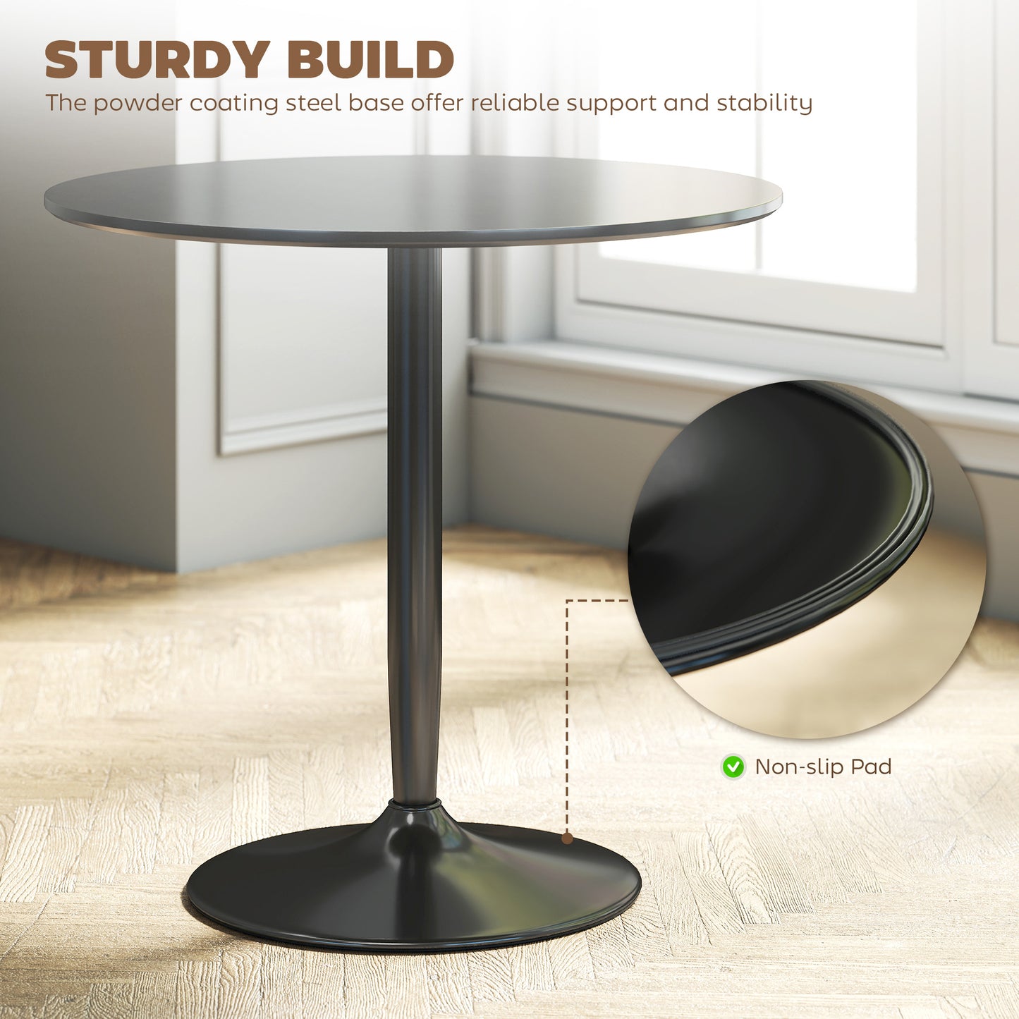 Modern Kitchen Table for 2 People, Round Dining Table with Steel Base for Living Room, Dining Room, Black