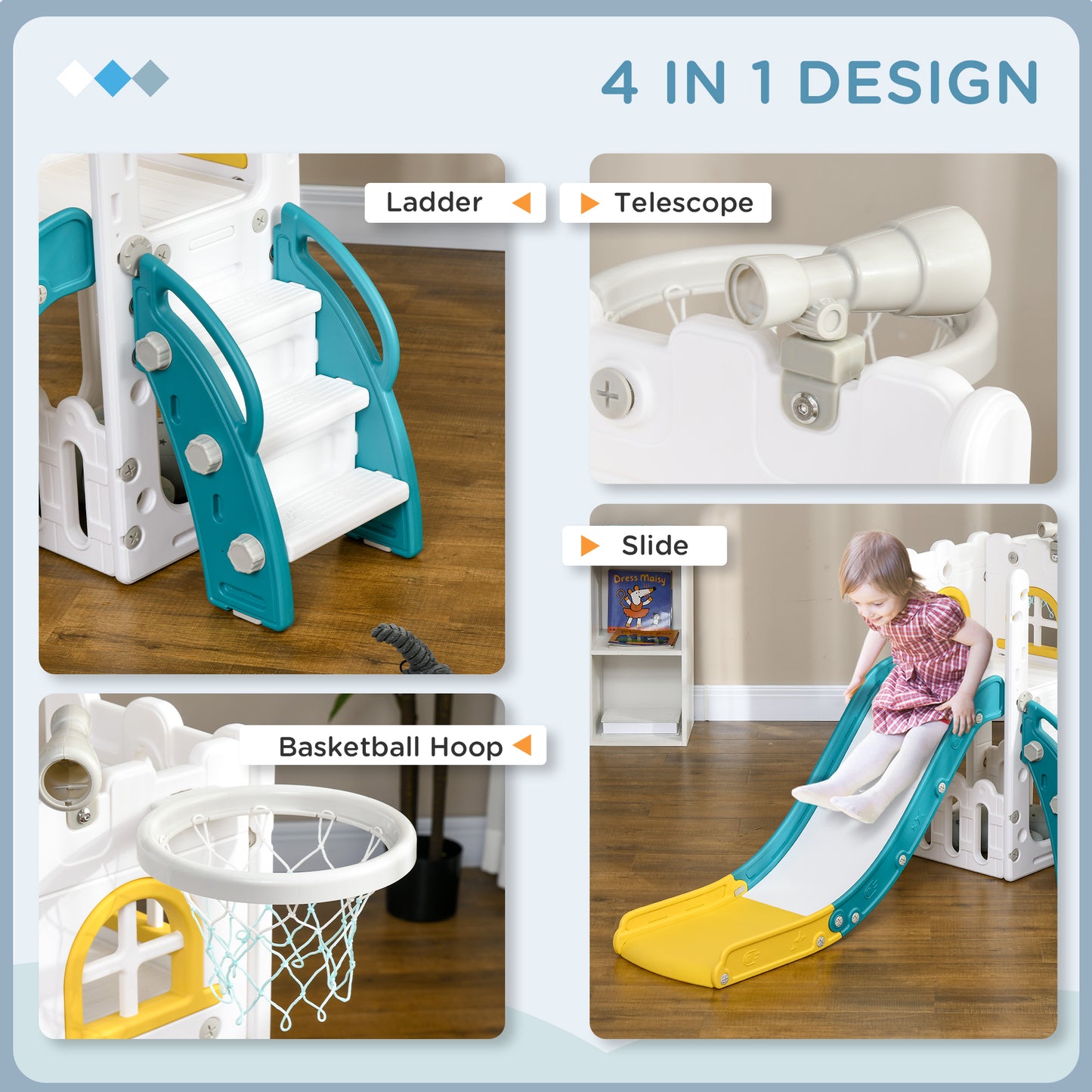 Qaba 5 in 1 Toddler Slide with Basketball Hoop, Climber, Telescope, Storage Basket, for 1-3 Years Kids Indoor Use, Yellow