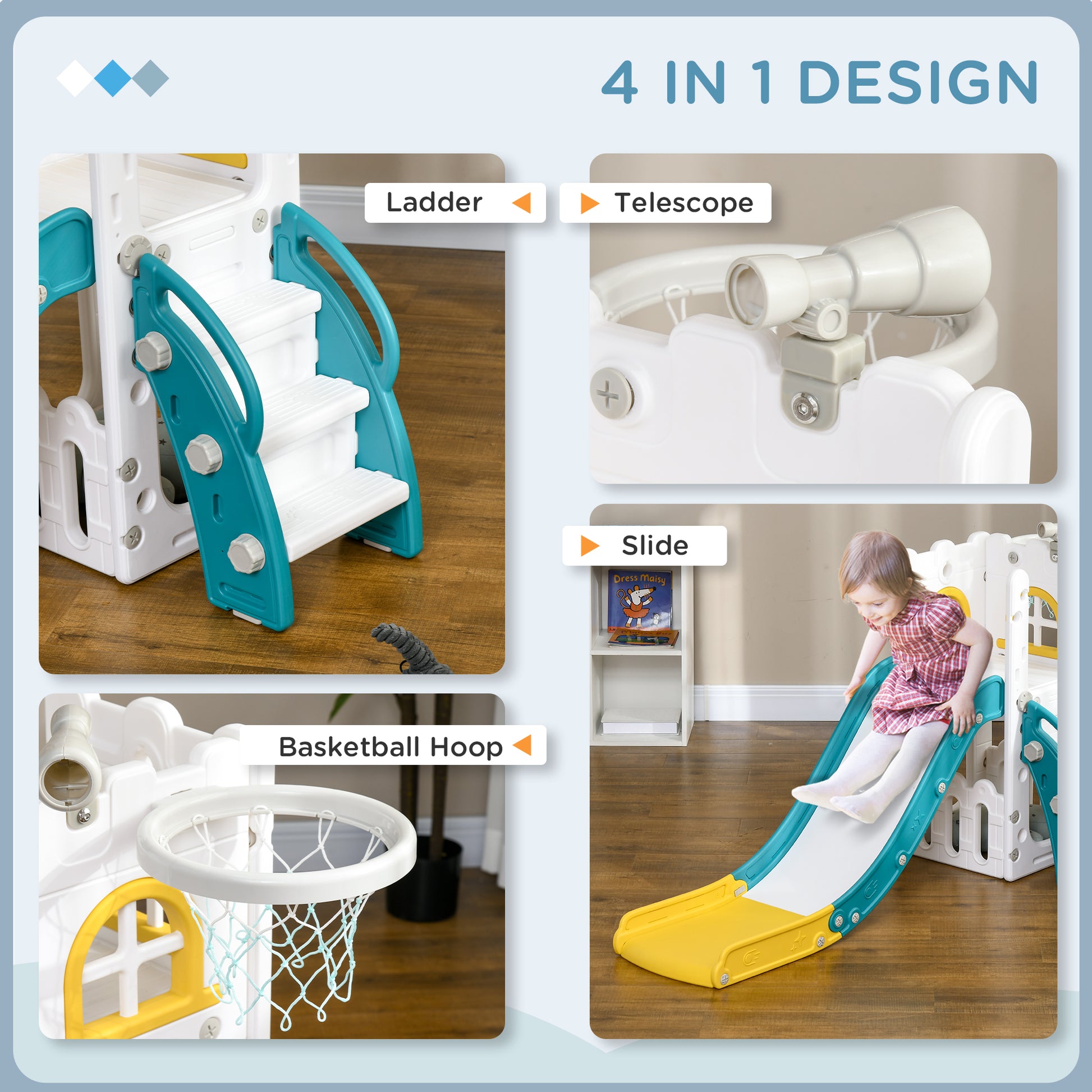 Qaba 5 in 1 Toddler Slide with Basketball Hoop, Climber, Telescope, Storage Basket, for 1-3 Years Kids Indoor Use, Yellow