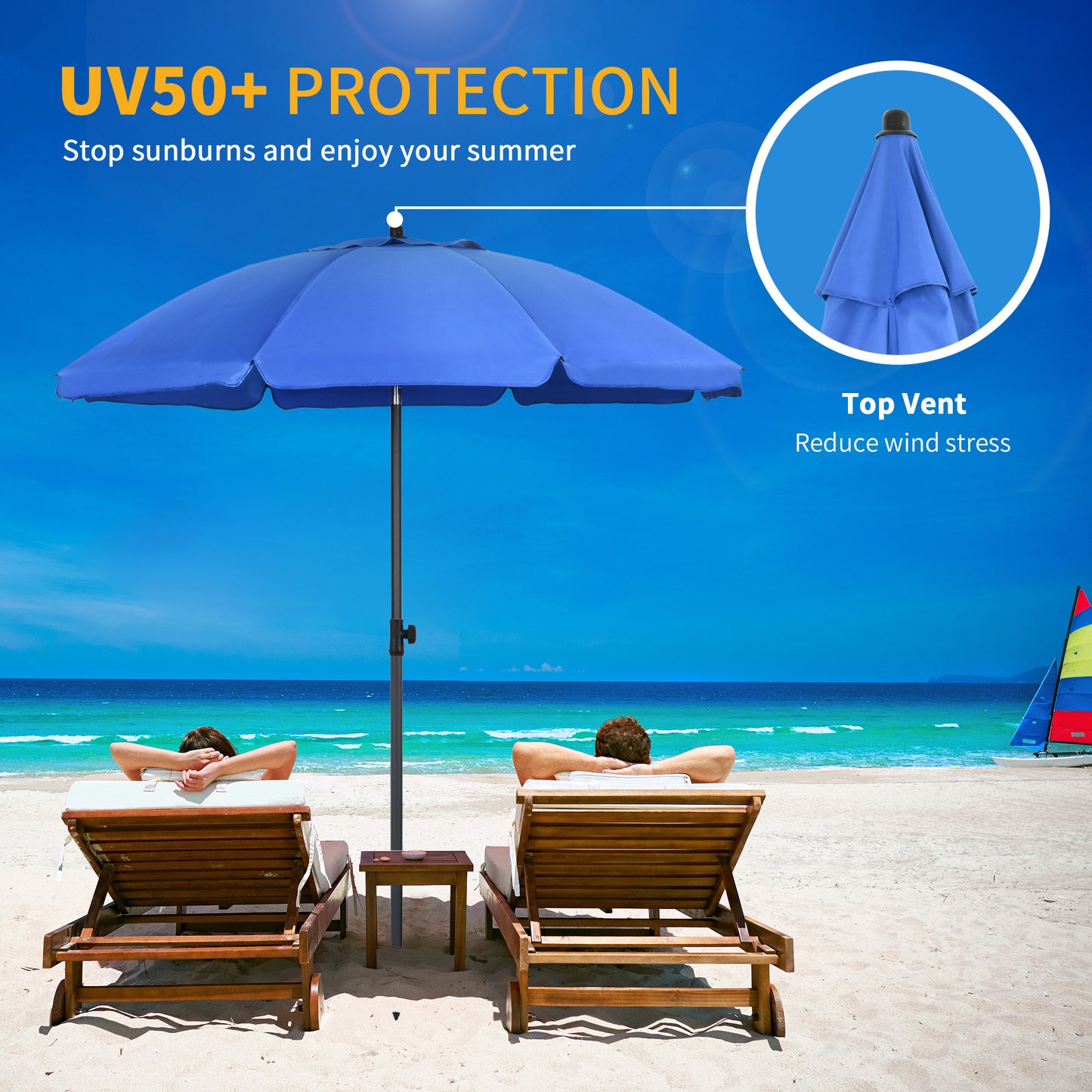 6ft Beach Umbrella, Outdoor Sun Shade Parasol with Push Button Tilt, Ruffled UV50+ Vented Canopy, Blue