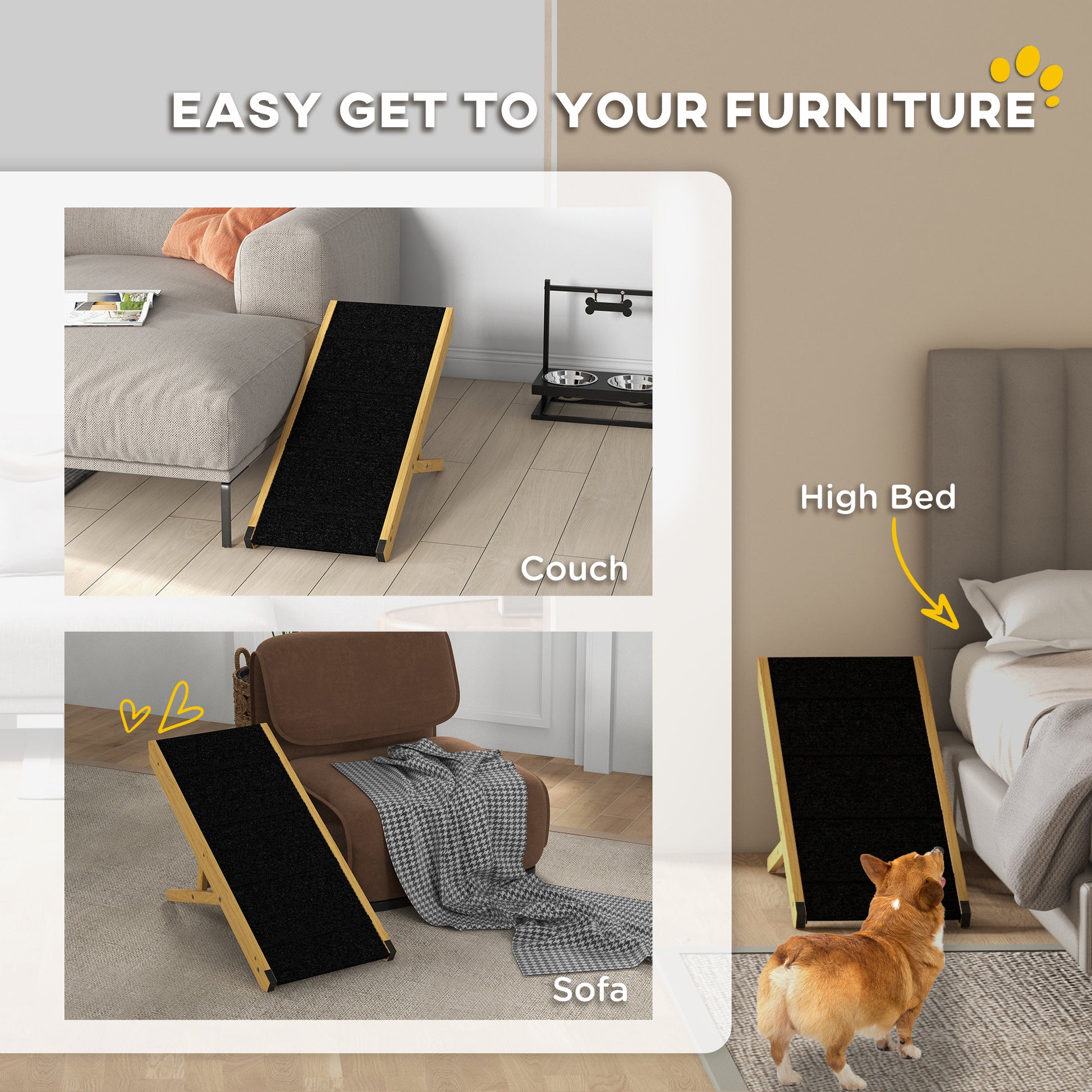 33" Foldable Dog Ramp with 4-Level Adjustable Height for Bed, Couch, for Small and Medium Dogs, Natural Wood