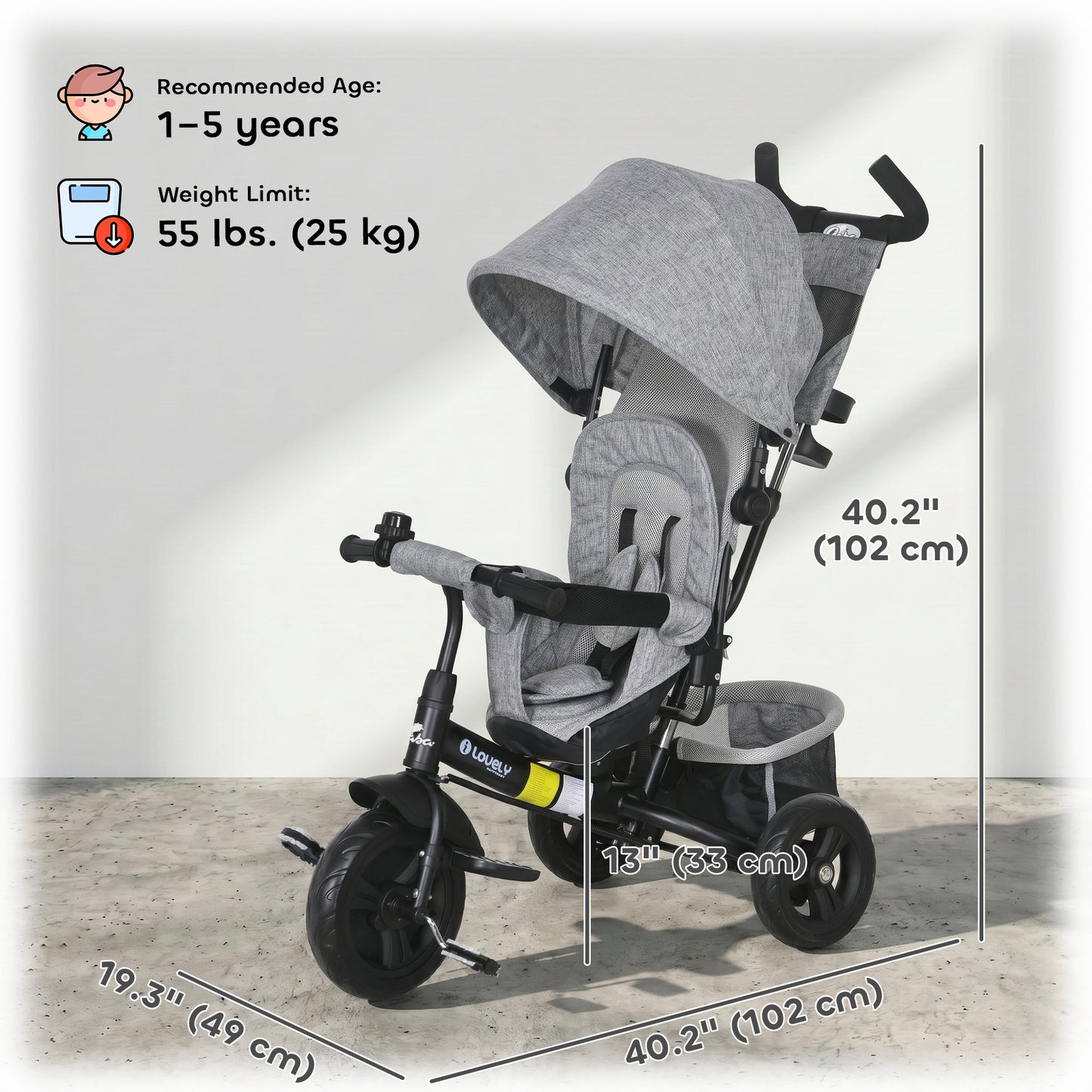 Qaba 6 in 1 Tricycle for Toddler 1-5 Years with Parent-Push Handle, Grey