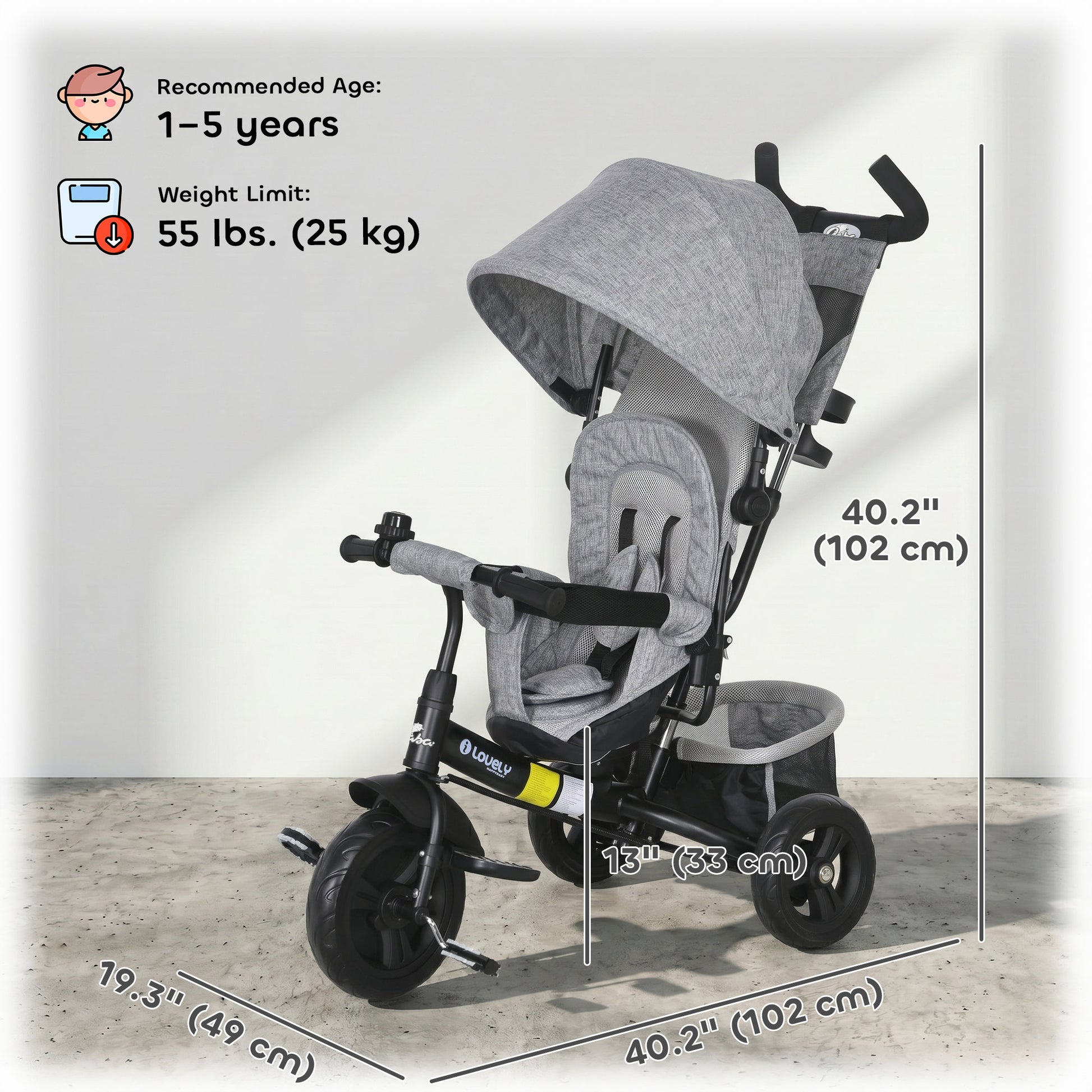 Qaba 6 in 1 Tricycle for Toddler 1-5 Years with Parent-Push Handle, Grey
