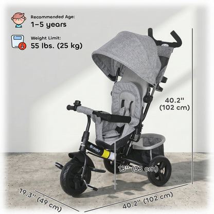 Qaba 6 in 1 Tricycle for Toddler 1-5 Years with Parent-Push Handle, Grey