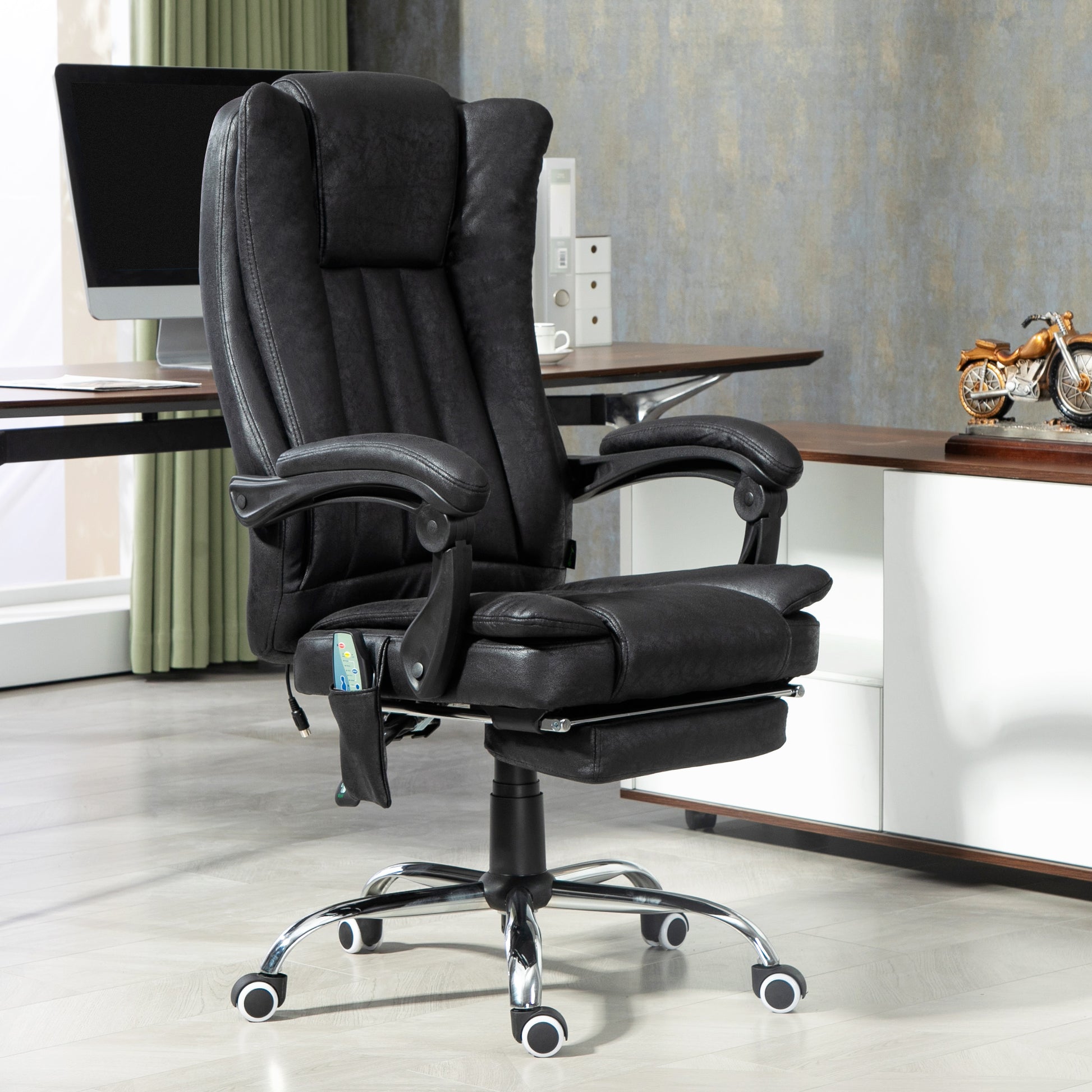 Office Chair 6-point Vibration Massage Chair Micro Fiber Recliner with Retractable Footrest Black