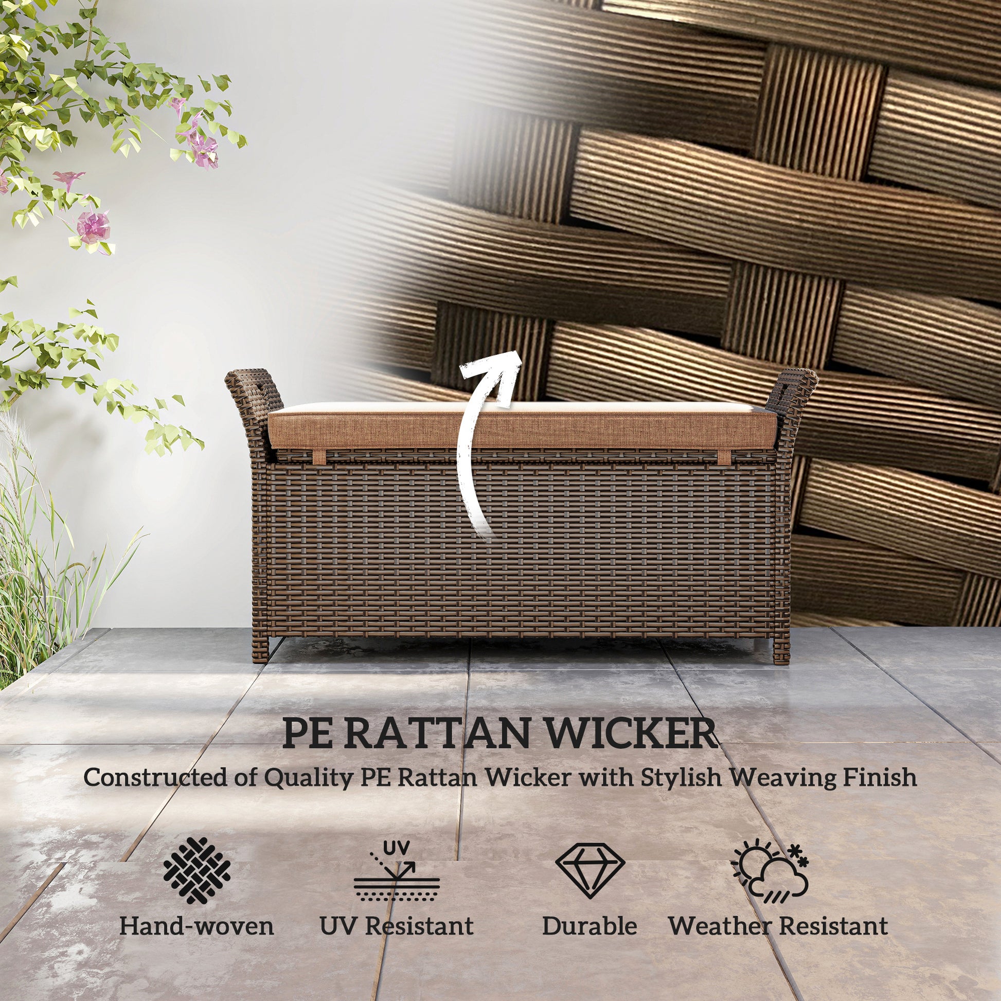 2-In-1 Outdoor Storage Bench, 29 Gallon Wicker Deck Box with Handles and Cushion, Tan