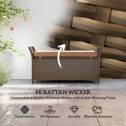 2-In-1 Outdoor Storage Bench, 29 Gallon Wicker Deck Box with Handles and Cushion, Tan