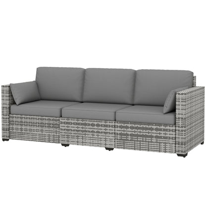 3-Seater Outdoor Sofa with Cushions, PE Rattan Conversation Patio Couch with Pillows for Garden, Poolside, Grey