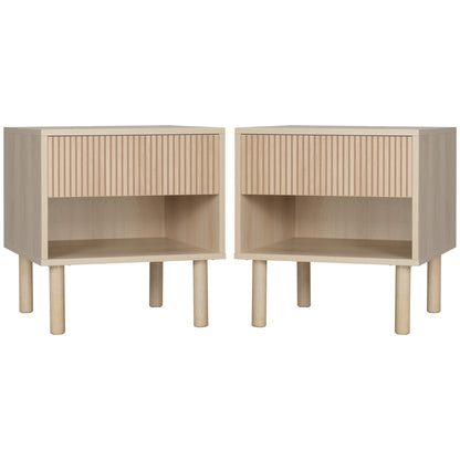 Set of 2 Bedroom Nightstands, Side Table with Storage Shelf and Drawer for Living Room, Bedroom, Natural Wood