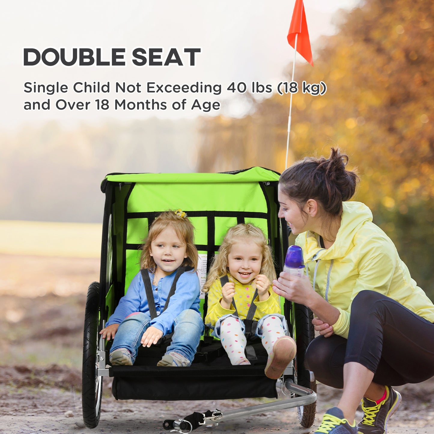 Aosom 2-Seat Child Bike Trailer for Kids with a Strong Steel Frame, 5-Point Safety Harnesses, & Comfortable Seat, Green