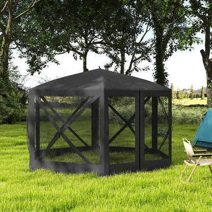 12' x 12' Hexagon Automatic Pop Up Screen Tents, Camping Shelter w/ Mesh Sidewalls and Carry Bag Black