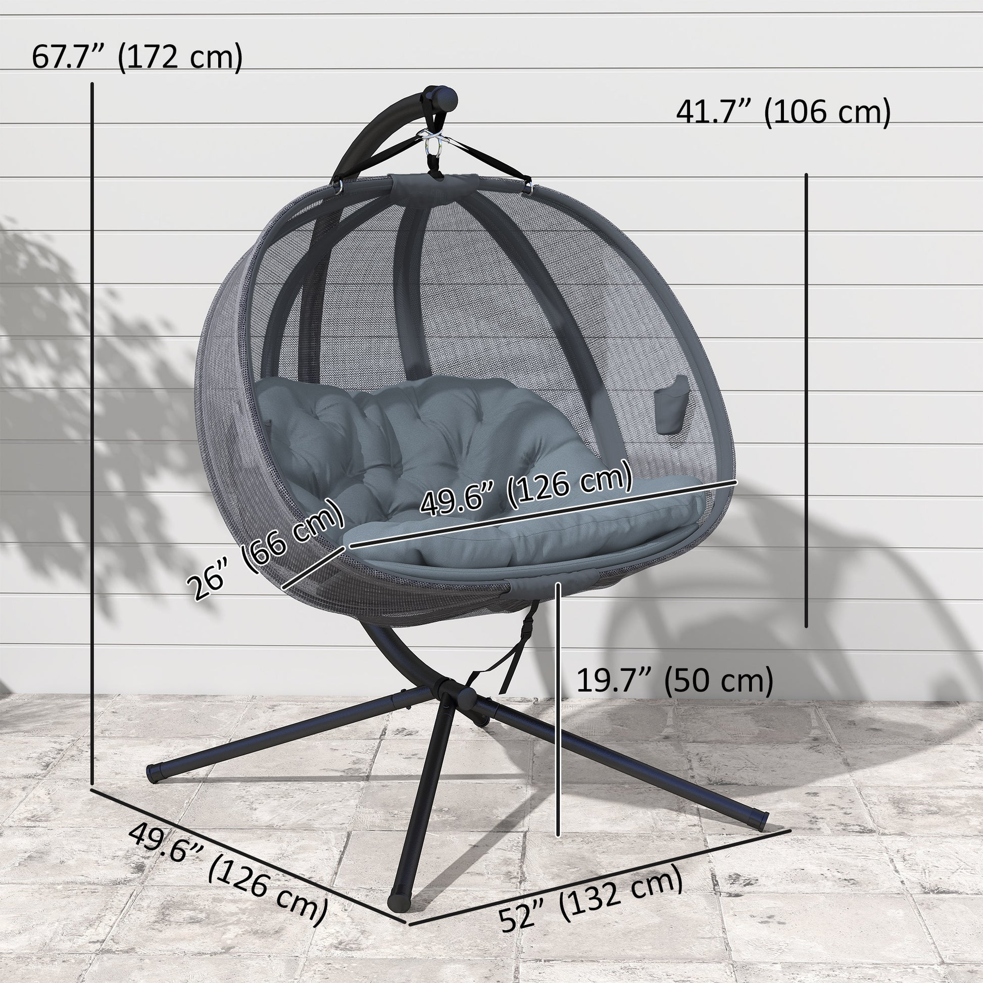 Double Egg Chair with Stand, 2 Person Hanging Swing Egg Chair with Cushion, Pockets, Grey