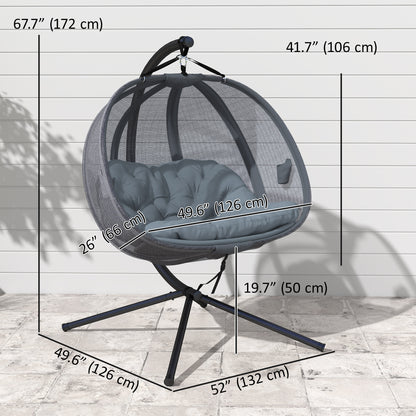 Double Egg Chair with Stand, 2 Person Hanging Swing Egg Chair with Cushion, Pockets, Grey
