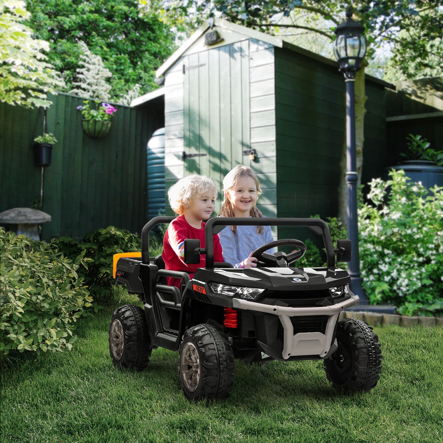 Aosom 12V Ride on Car with Electric Bucket, Two-Seater, Shovel, Remote Control, Spring Suspension, Horn, Music, Black