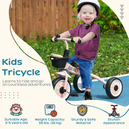 Qaba Tricycle for Toddler 2-5 Year Old Girls and Boys, Toddler Bike with Adjustable Seat, Basket, Bell, Pink