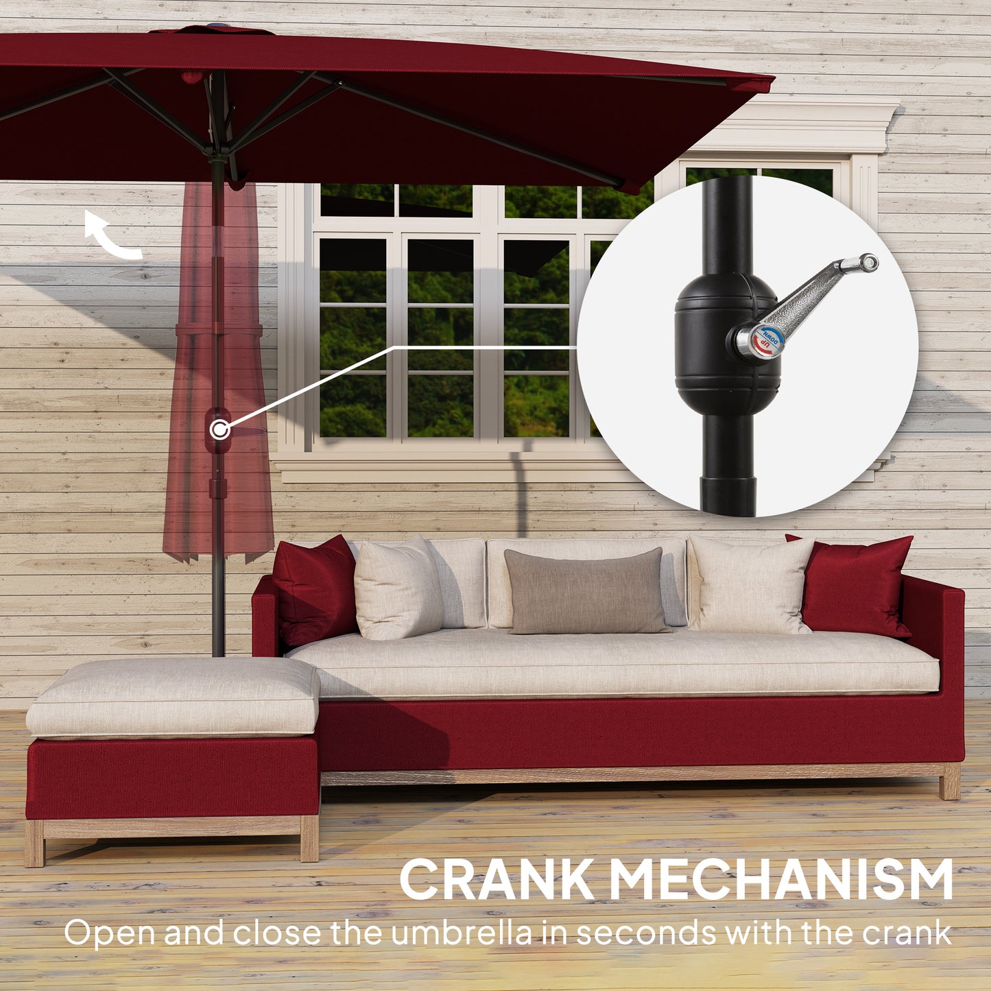 6.6x9.6ft Rectangle Aluminum Tilt Patio Umbrella, Garden Market Parasol, Outdoor Sunshade Canopy with Crank, Wine Red