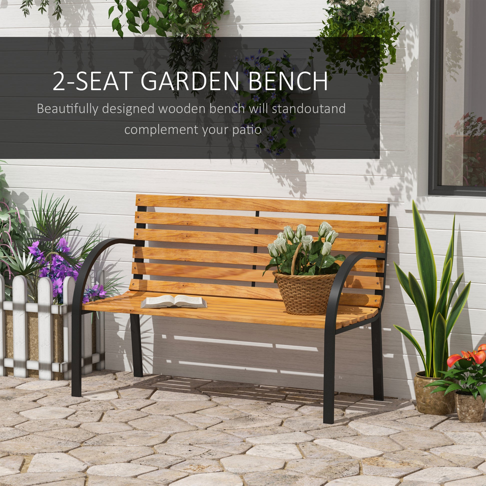 48"L Garden Bench Outdoor Patio 2-Person Wooden Seat Chair Park Loveseat Yard Furniture w/ Steel Frame
