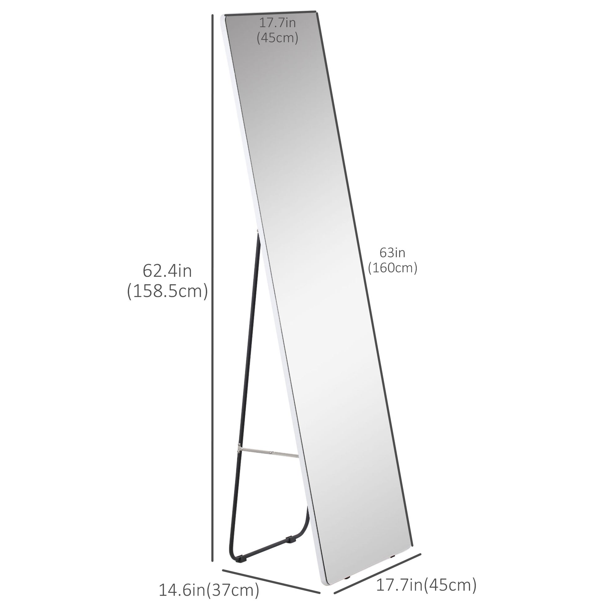 63"x18" Full Length Mirror, Floor Standing, Wall-Mounted or Leaning Against Wall Tall Mirror w/Support Frame, Rectangular Full Body Mirror for Bedroom, Living Room, Silver