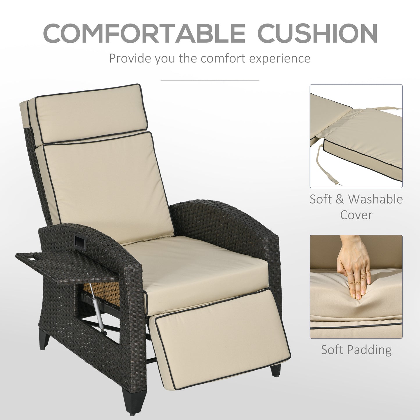 Outdoor Recliner Chair with Adjustable Backrest and Footrest, Washable Cushion, Side Tray, Up to 352 lbs, Khaki