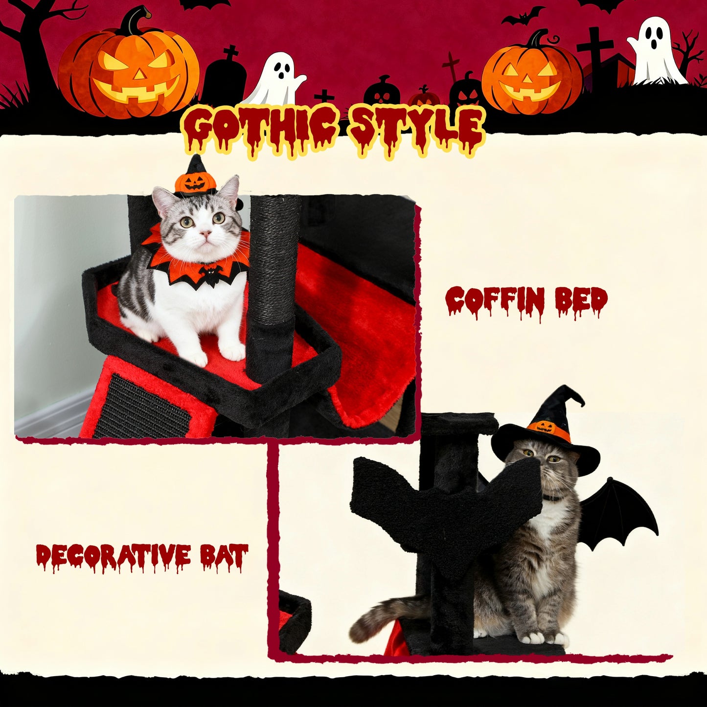 Gothic Cat Tree, 60" Tall Cat Tower with Coffin Bed, Sisal Scratching Posts & Ramp, Condo, Hammock, Perches, Black