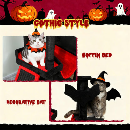 Gothic Cat Tree, 60" Tall Cat Tower with Coffin Bed, Sisal Scratching Posts & Ramp, Condo, Hammock, Perches, Black